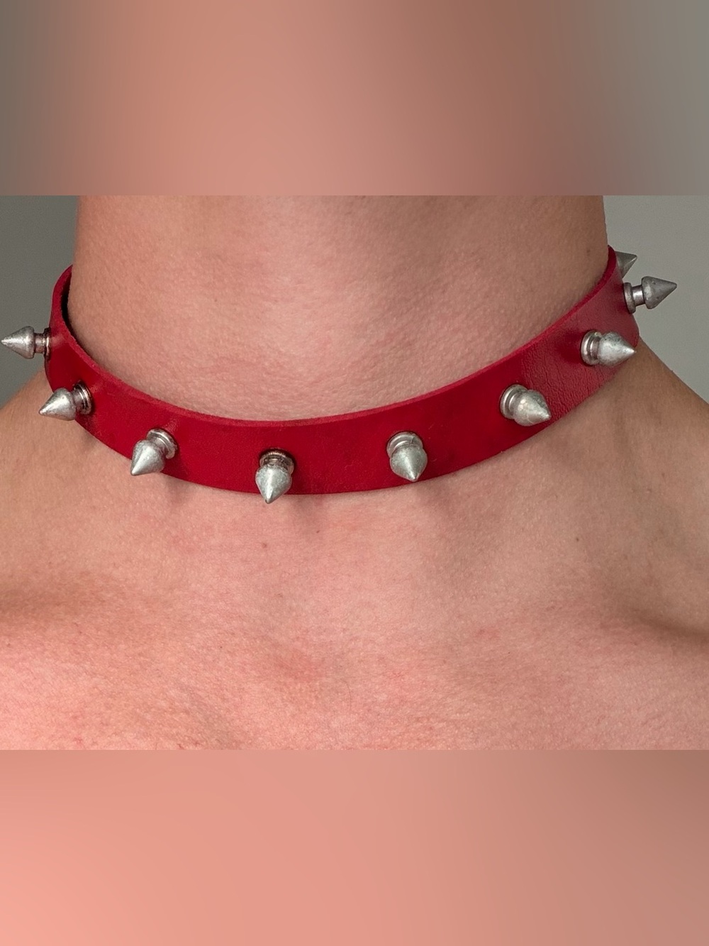 Red Spiked Leather Choker Necklace - Men Accessories
